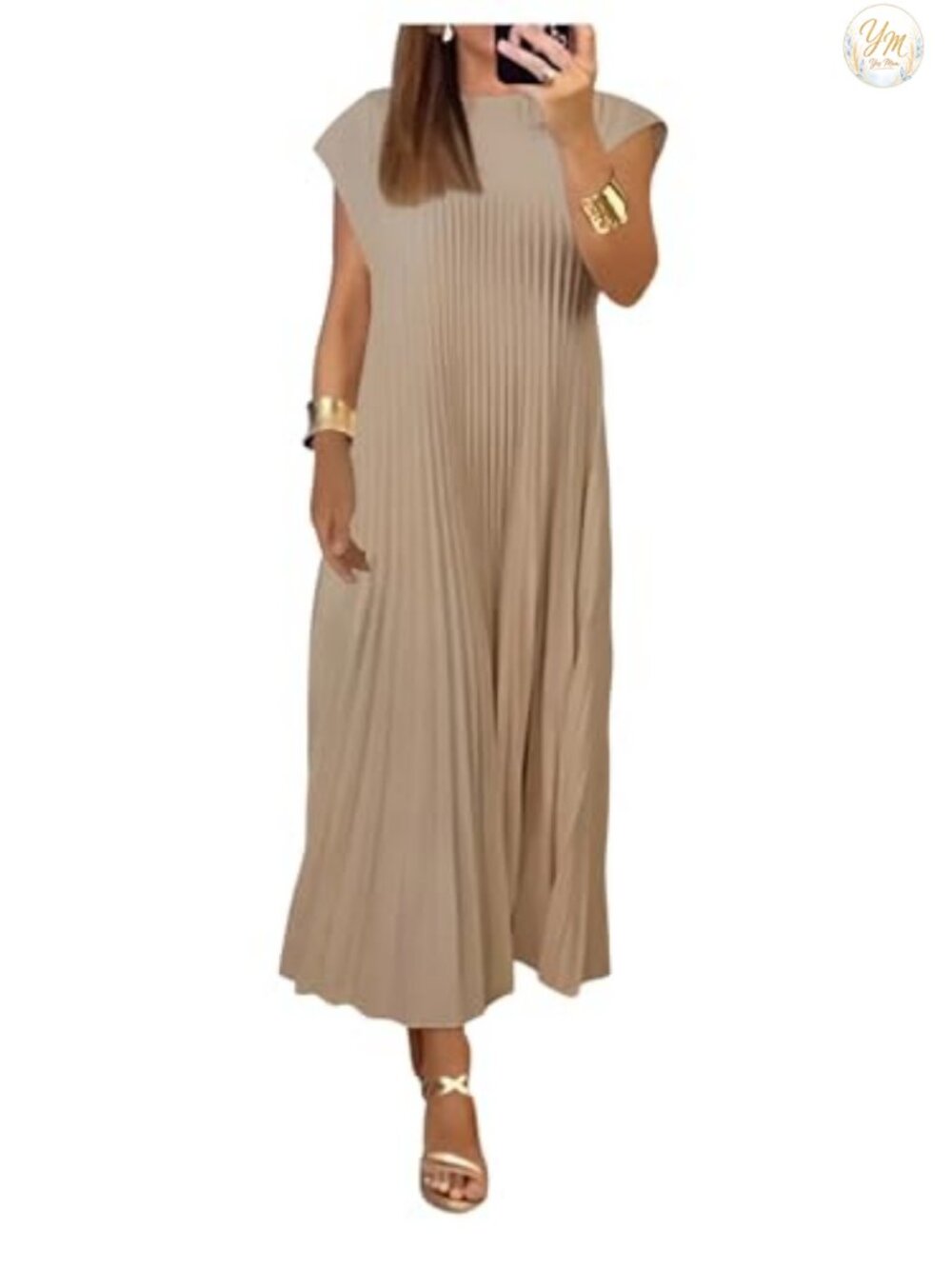Women's Pleated Midi Dress, Cap Sleeve, Round Neck, Loose Fit,